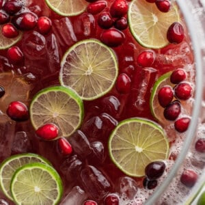 overhead holiday punch with cranberries and lime slices