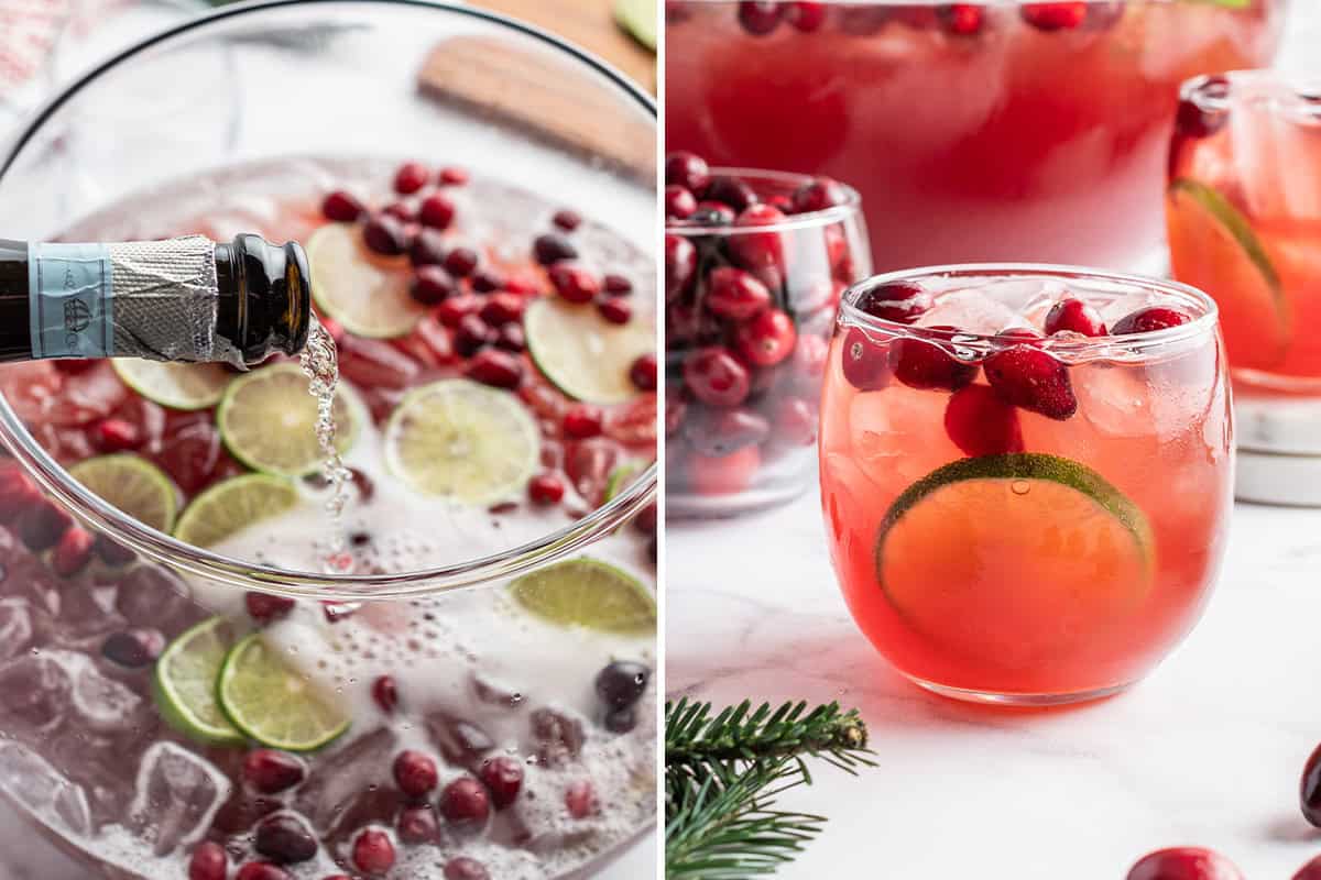 sparkling wine being poured into punch bowl and punch in glass
