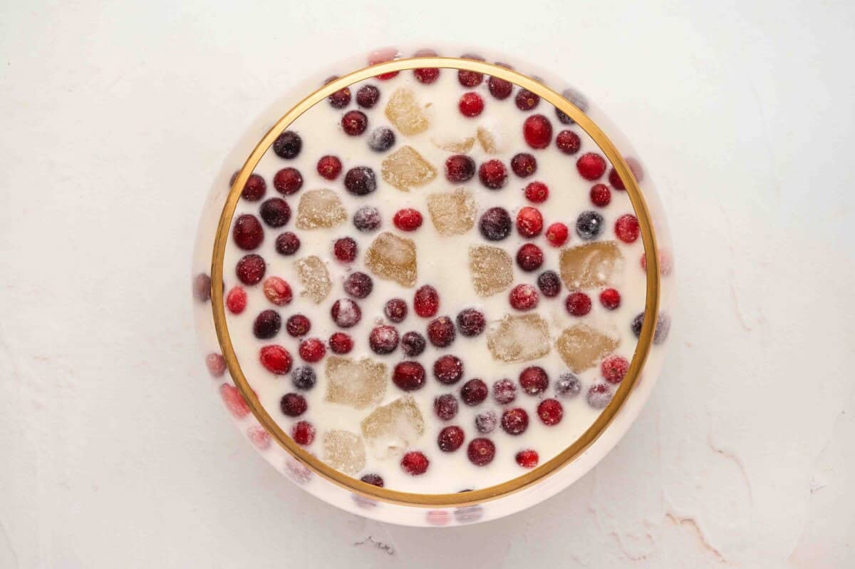 Top view of a punch bowl filled with white Christmas punch, floating cranberries, and ice cubes.