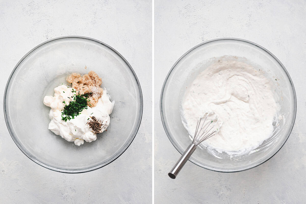 Side-by-side images showing the ingredients for horseradish sauce in a mixing bowl and the whisked sauce blended smooth.