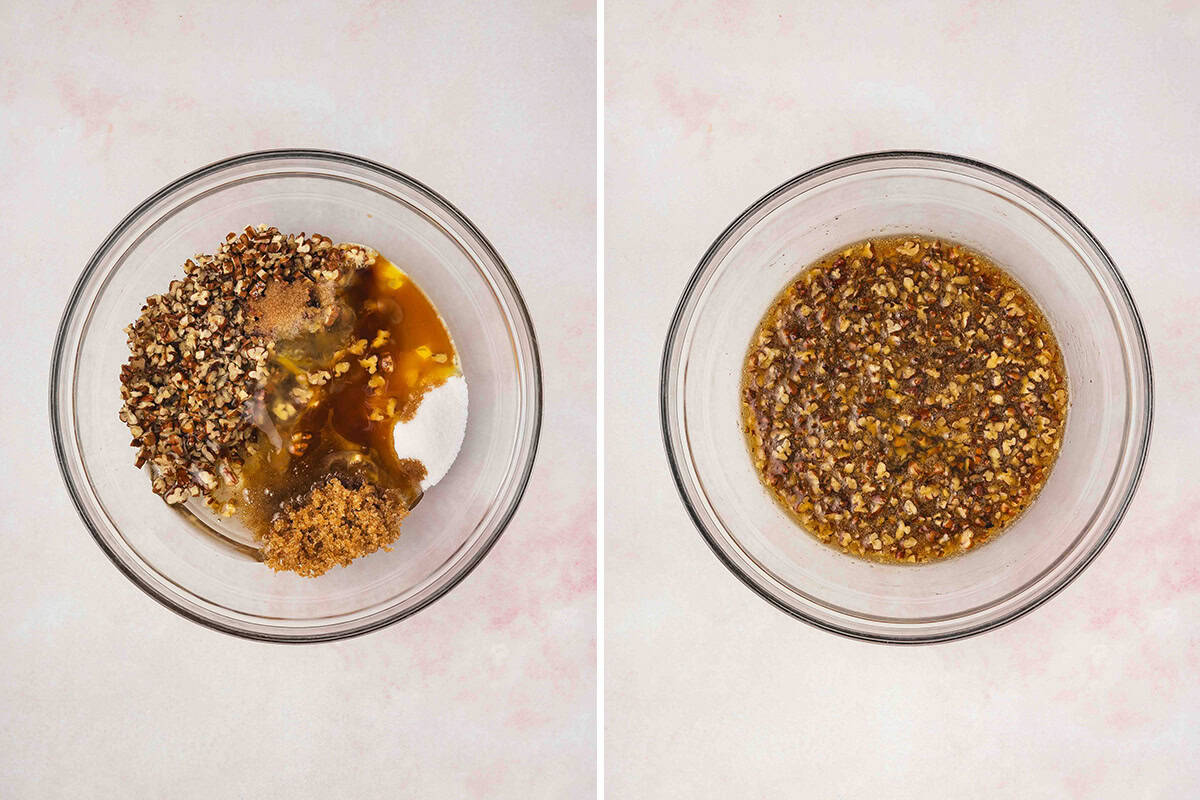 filling for Mini Pecan Pies in mixing bowl