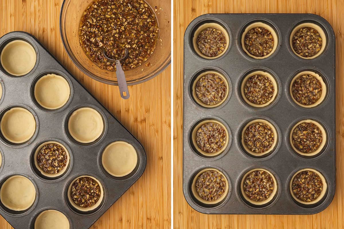 mini pies in muffin tin being filled with pecan pie filling