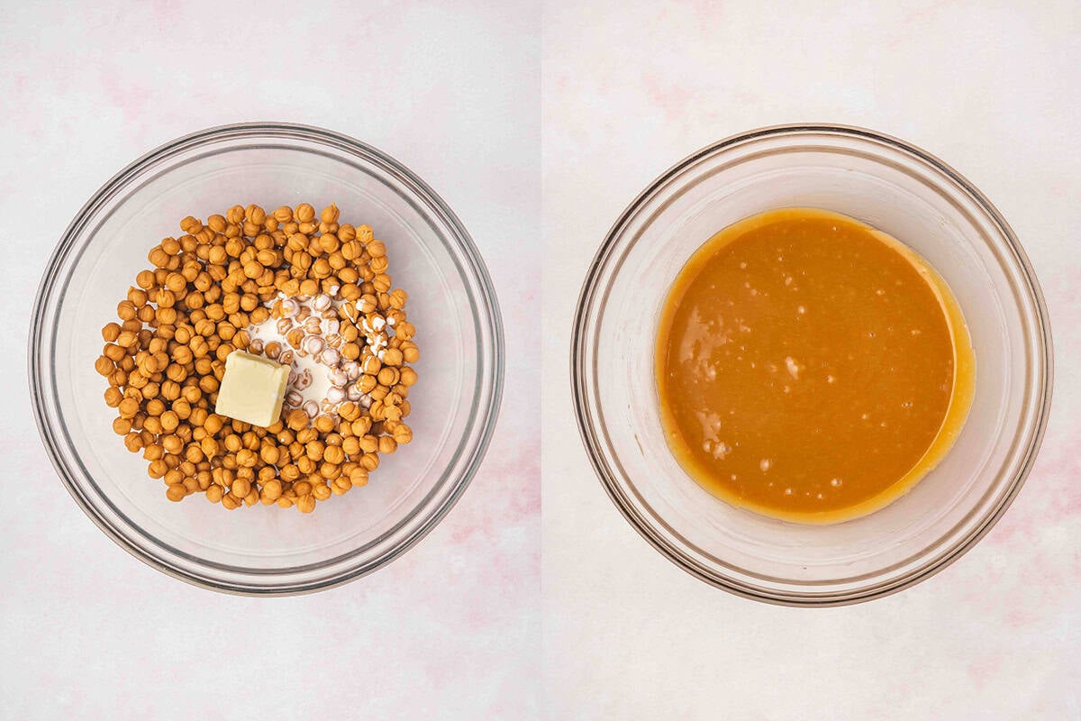 caramel bits, butter, and cream mixed together in bowl