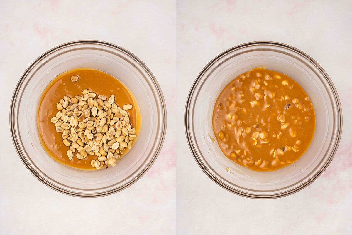 peanut halves mixed into caramel coating