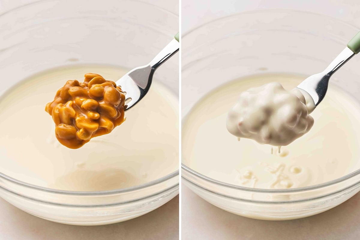 See's Candies Polar Bear Paws being dunked in white chocolate