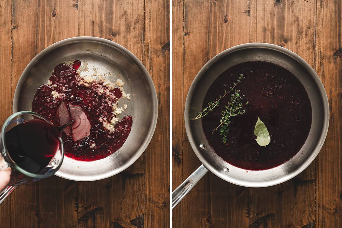 Dry red wine being poured into a pan with sautรฉed shallots, followed by thyme and a bay leaf added to the mixture.
