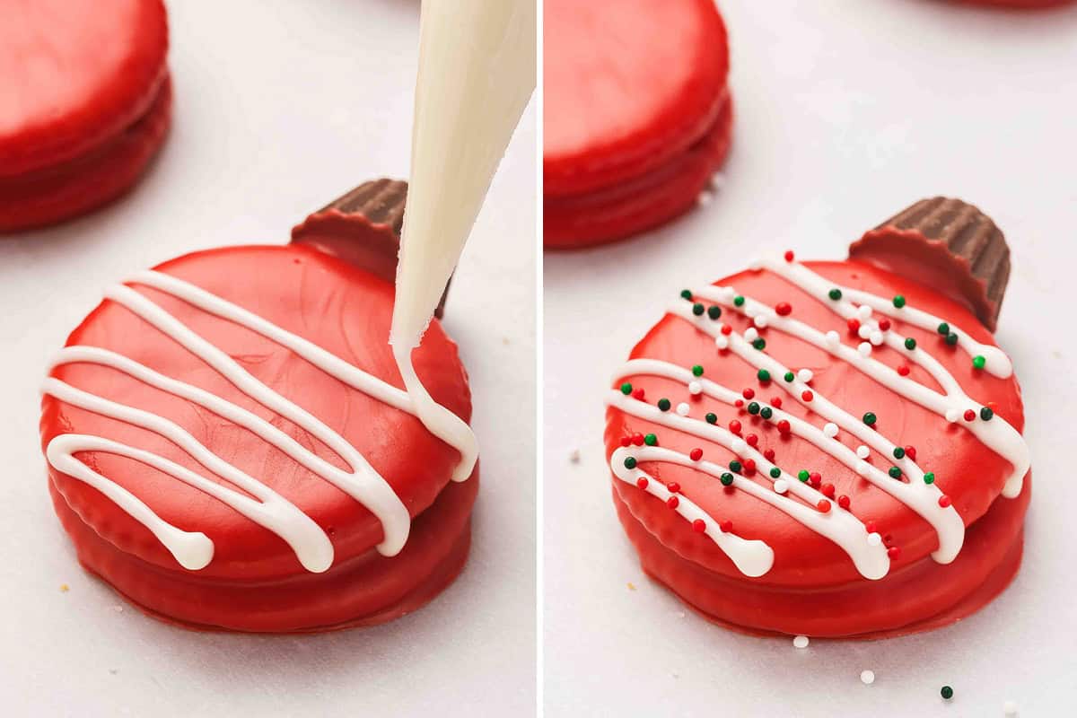 Red-dipped Ritz ornament cookies drizzled with melted vanilla candy and topped with red, green, and white sprinkles.