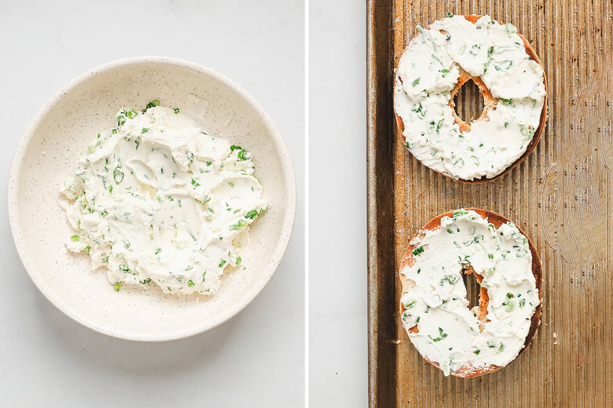 Jalapeño scallion cream cheese mixed in a bowl and spread onto toasted bagel halves