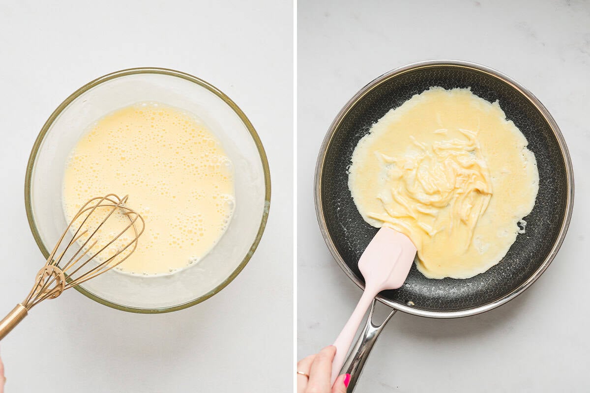 Eggs whisked with heavy cream in a glass bowl until smooth and pale and creamy eggs cooking gently in a nonstick skillet for a soft, crepe-style texture