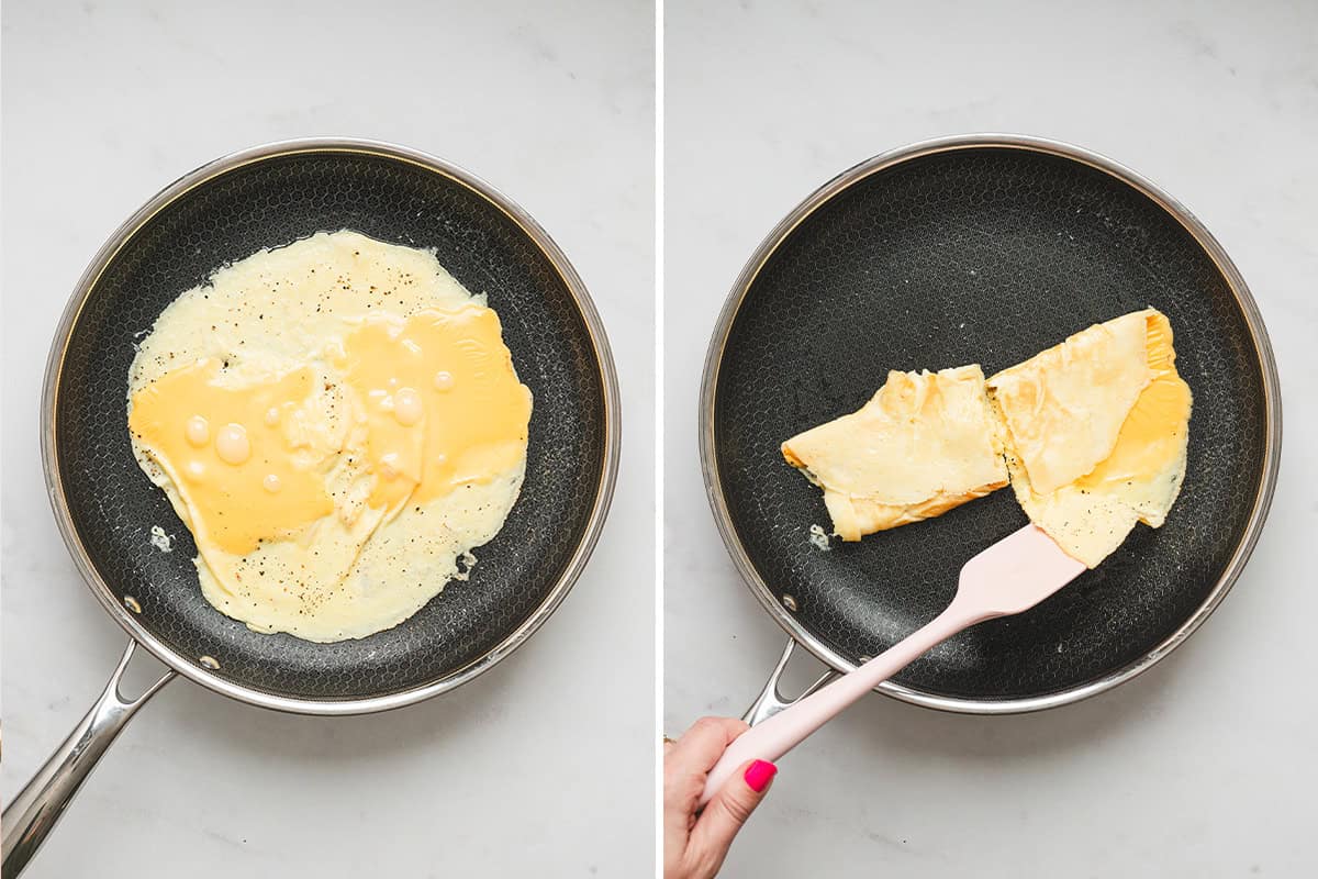 American cheese slices melting over cooked eggs in a skillet