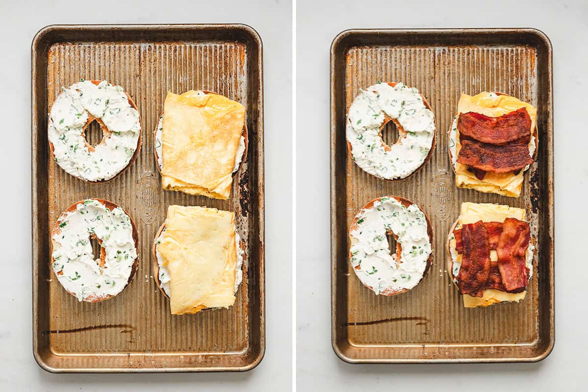 Assembling bee sting bagels with cream cheese, eggs, and crispy bacon on toasted bagel halves