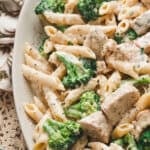 Chicken broccoli alfredo made with penne pasta, tender chicken, and broccoli tossed in a creamy homemade Alfredo sauce.