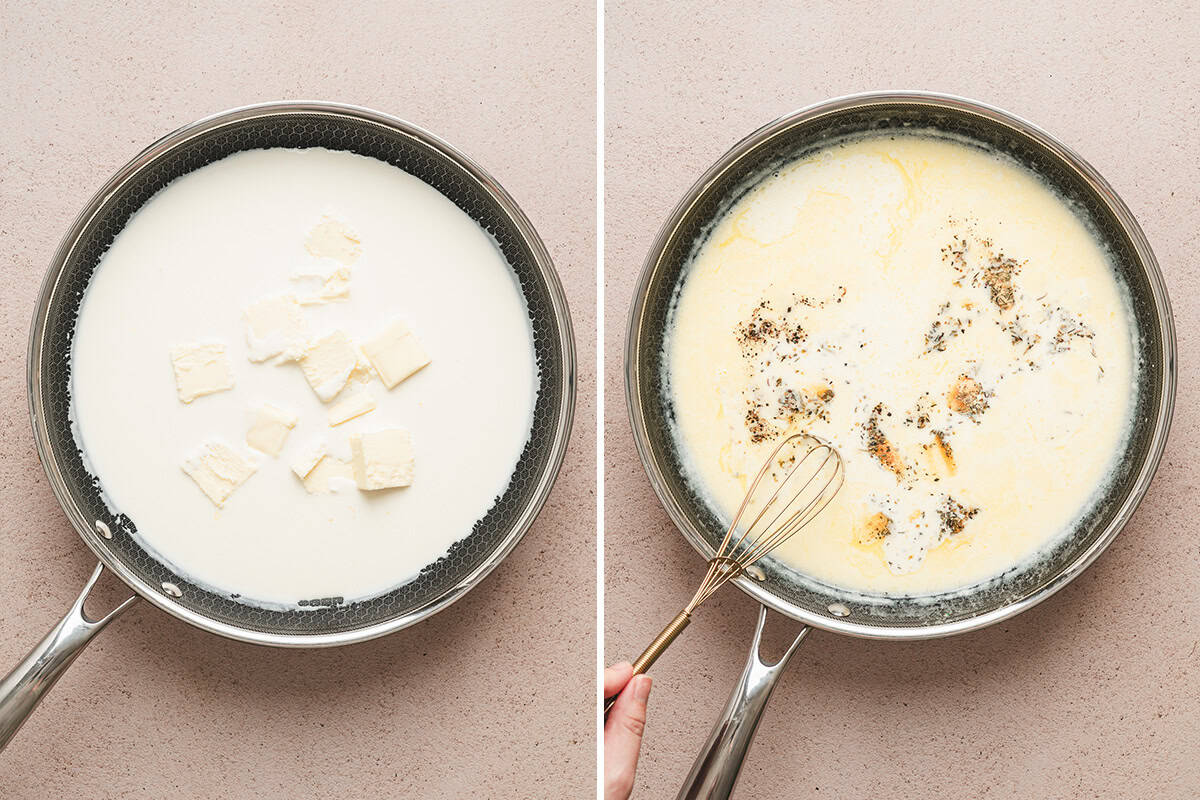 Butter melting into heavy cream in a skillet and Alfredo sauce being whisked with garlic, Italian seasoning, salt, and pepper.