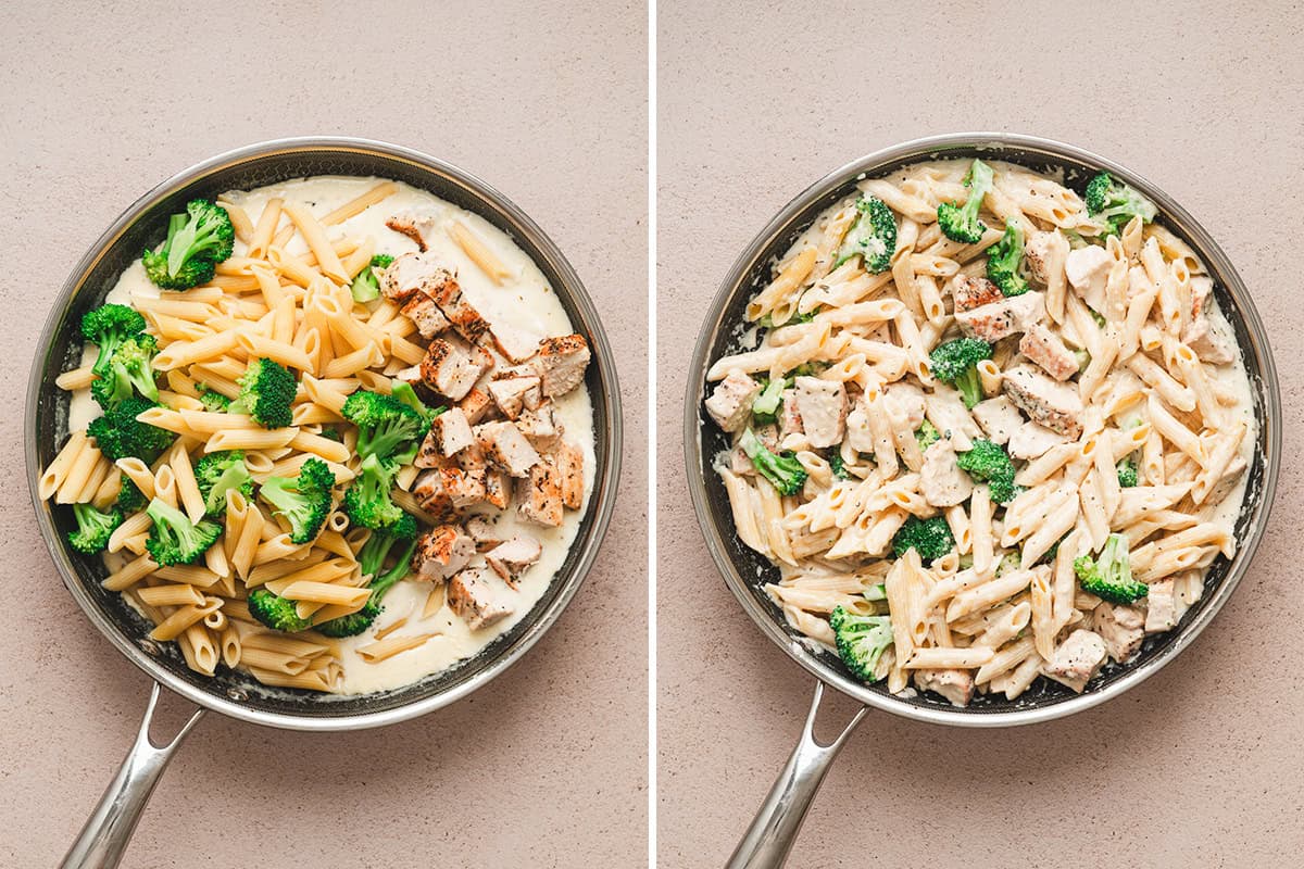 Cooked pasta, broccoli, and chicken added to creamy Alfredo sauce and tossed together until evenly coated.