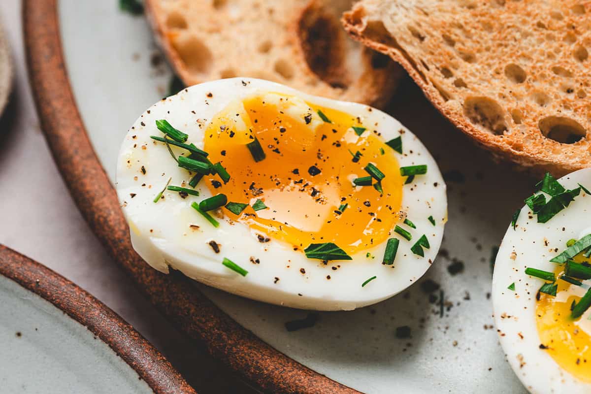jammy eggs on a plate