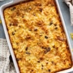 overhead baked noodle kugel in casserole dish