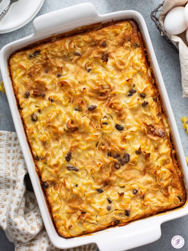 overhead baked noodle kugel in casserole dish