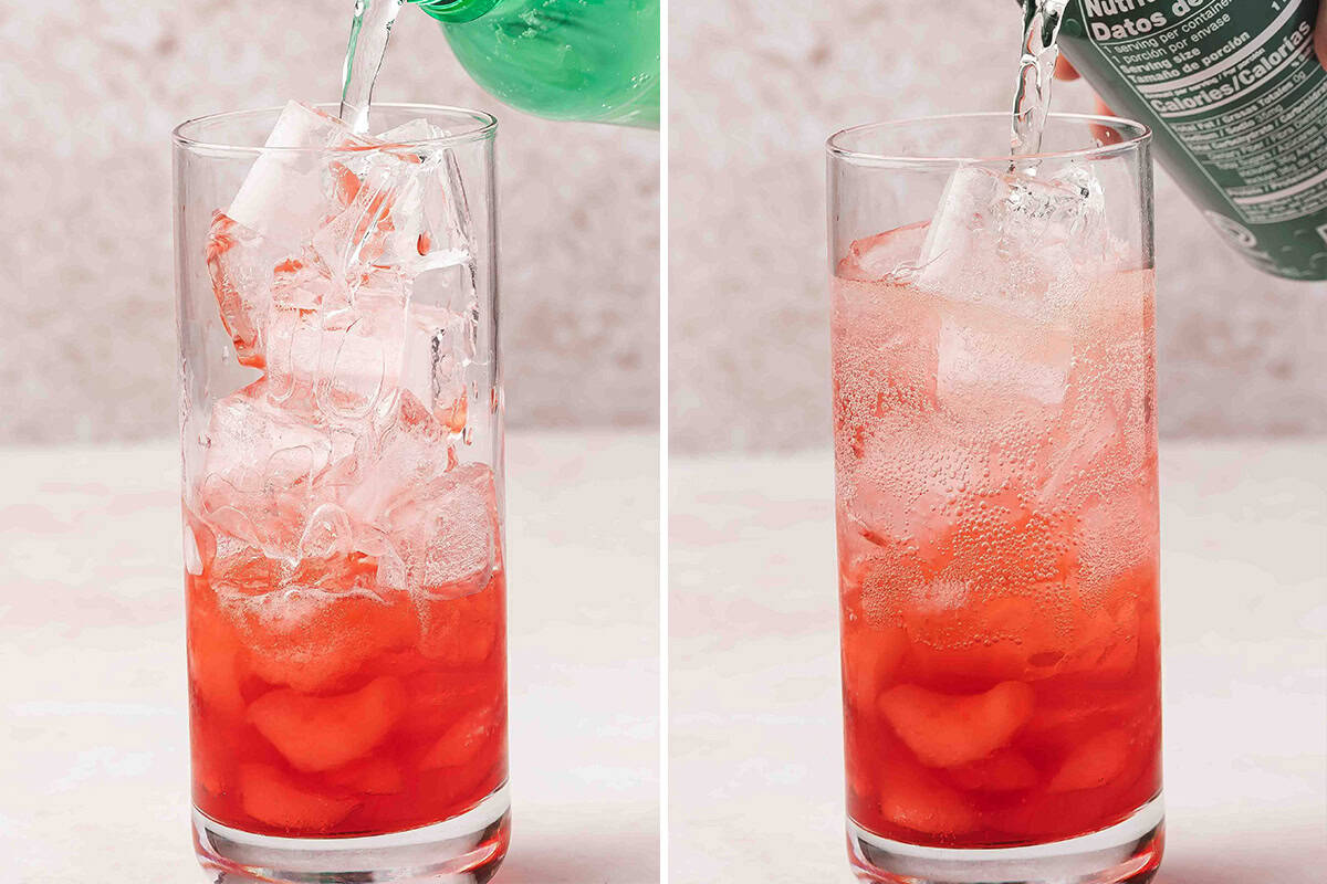 7UP soda and ginger ale being poured over ice and grenadine in glass