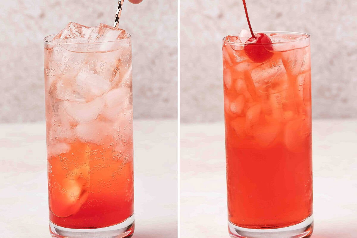 Shirley Temple drink being stirred with straw