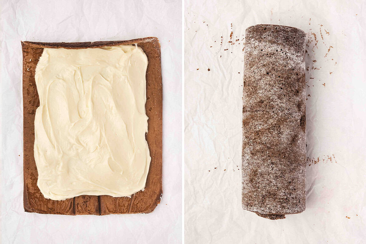 cream cheese filling spread onto flat chocolate cake and rolled up