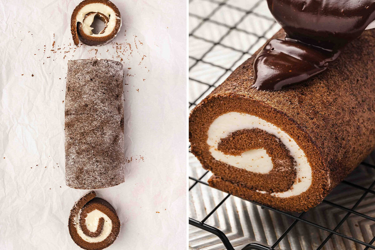 ends trimmed off of swiss roll cake and ganache poured on top