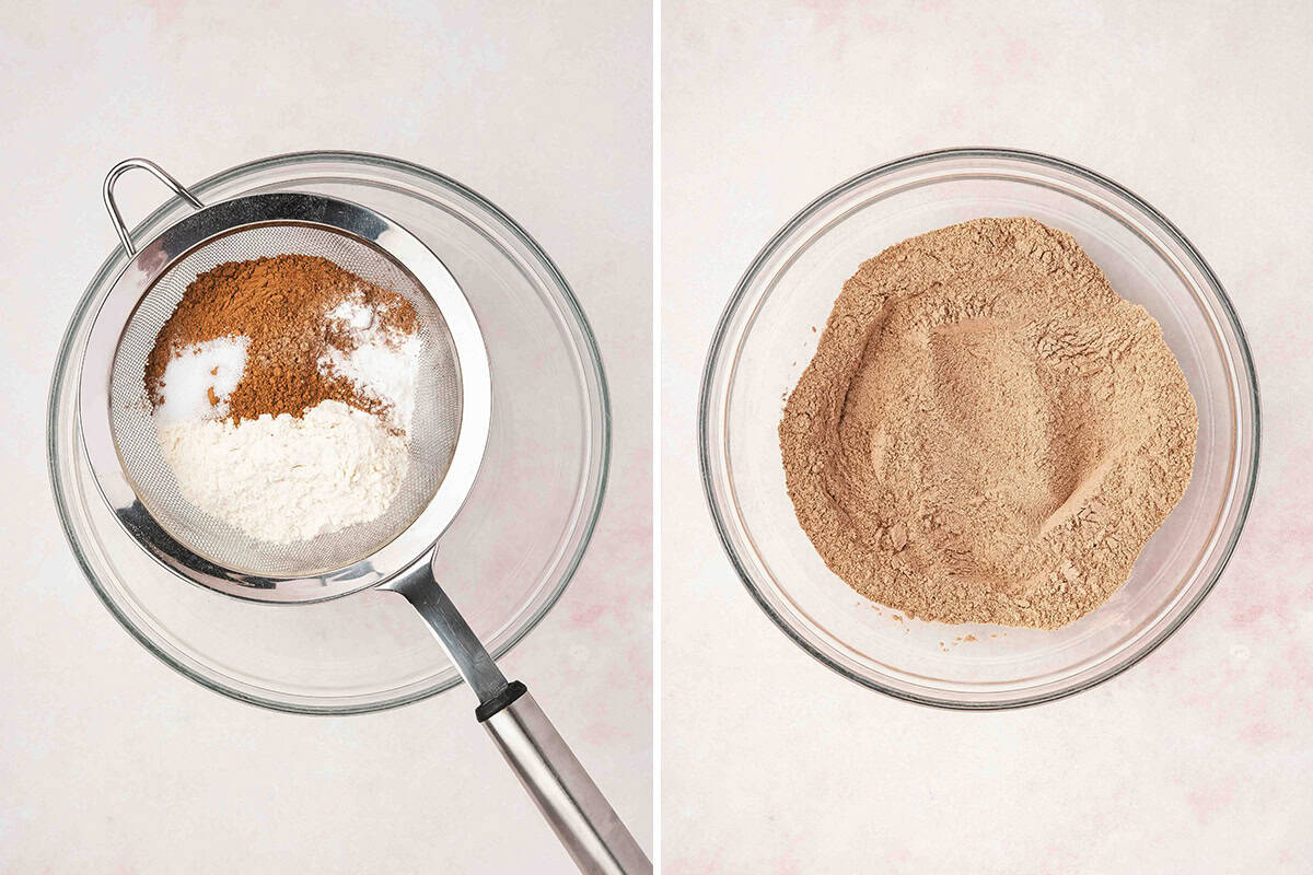 cocoa powder, flour, and sugar sifted over mixing bowl