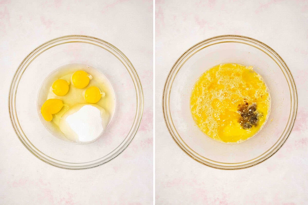 sugar, eggs, and vanilla beaten together in mixing bowl
