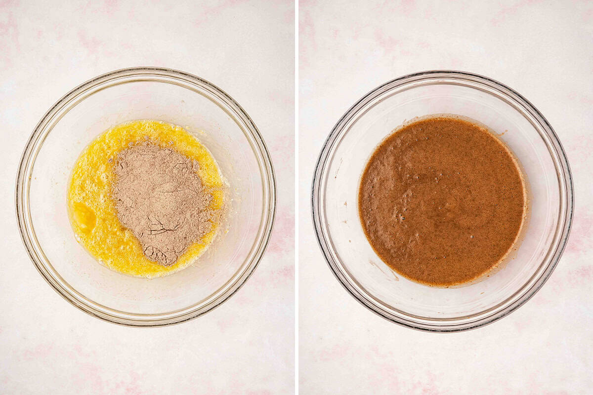 wet and dry ingredients for chocolate cake combined in mixing bowl