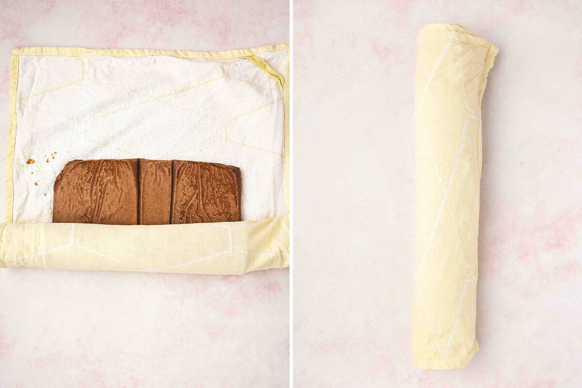 flat chocolate cake rolled in tea towel
