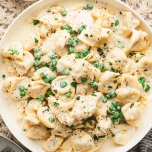 Creamy tortellini alfredo with peas, grated parmesan, and black pepper served in a white bowl