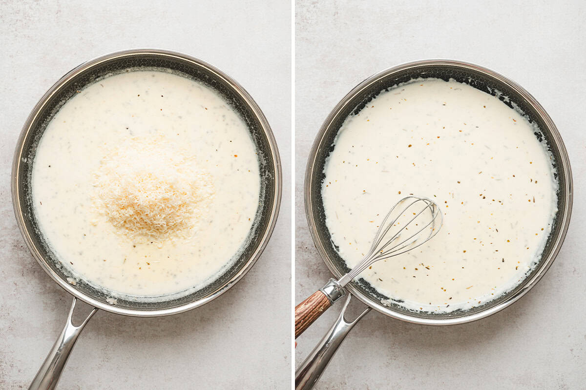 Freshly grated parmesan cheese added to alfredo sauce and whisked until smooth