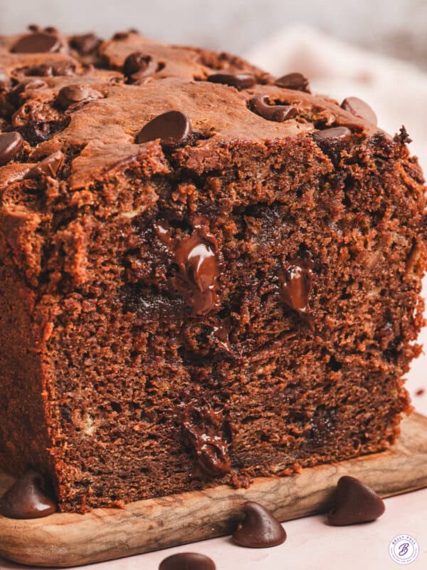 Loaf of Chocolate Banana Bread with end sliced