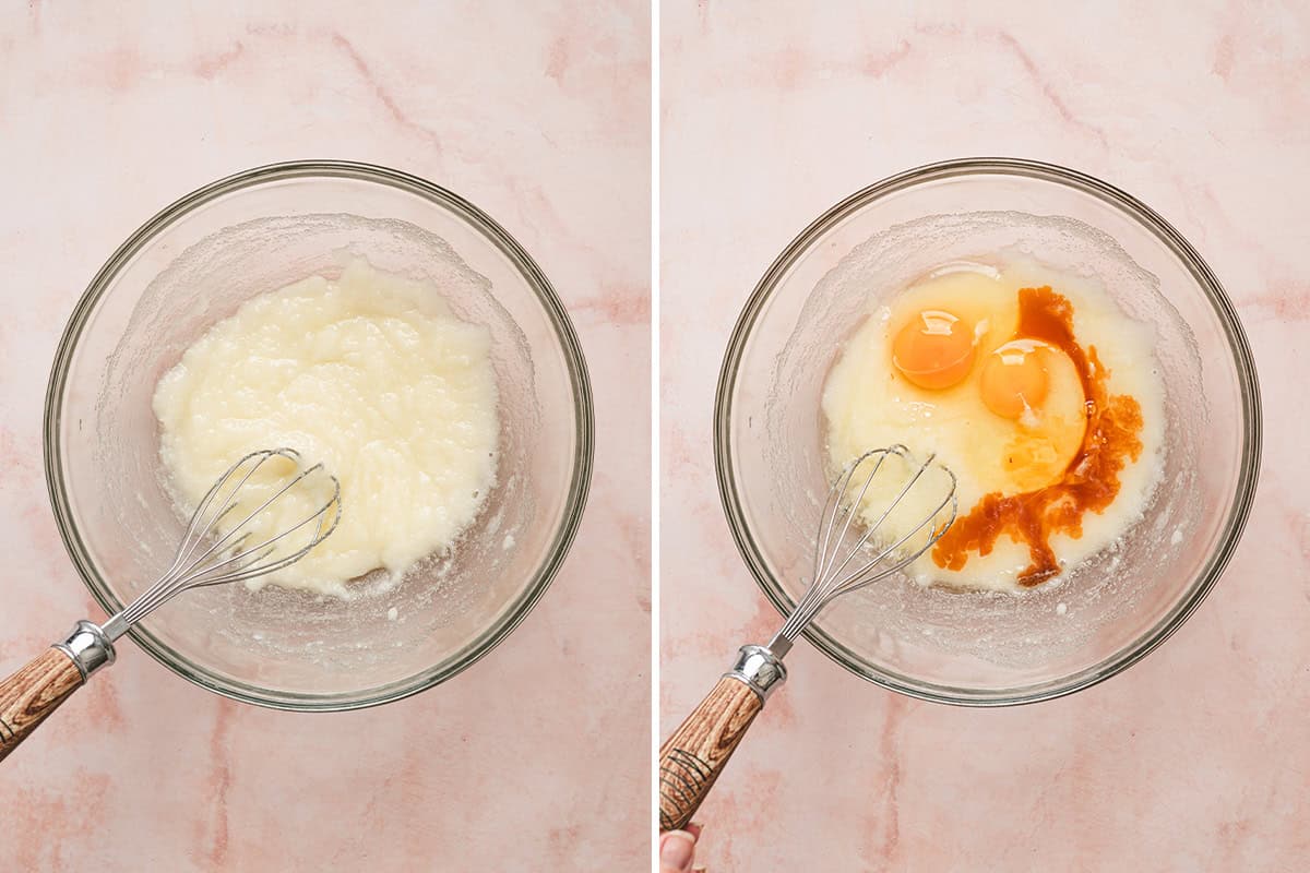 sugar, eggs, vanilla mixed together in bowl