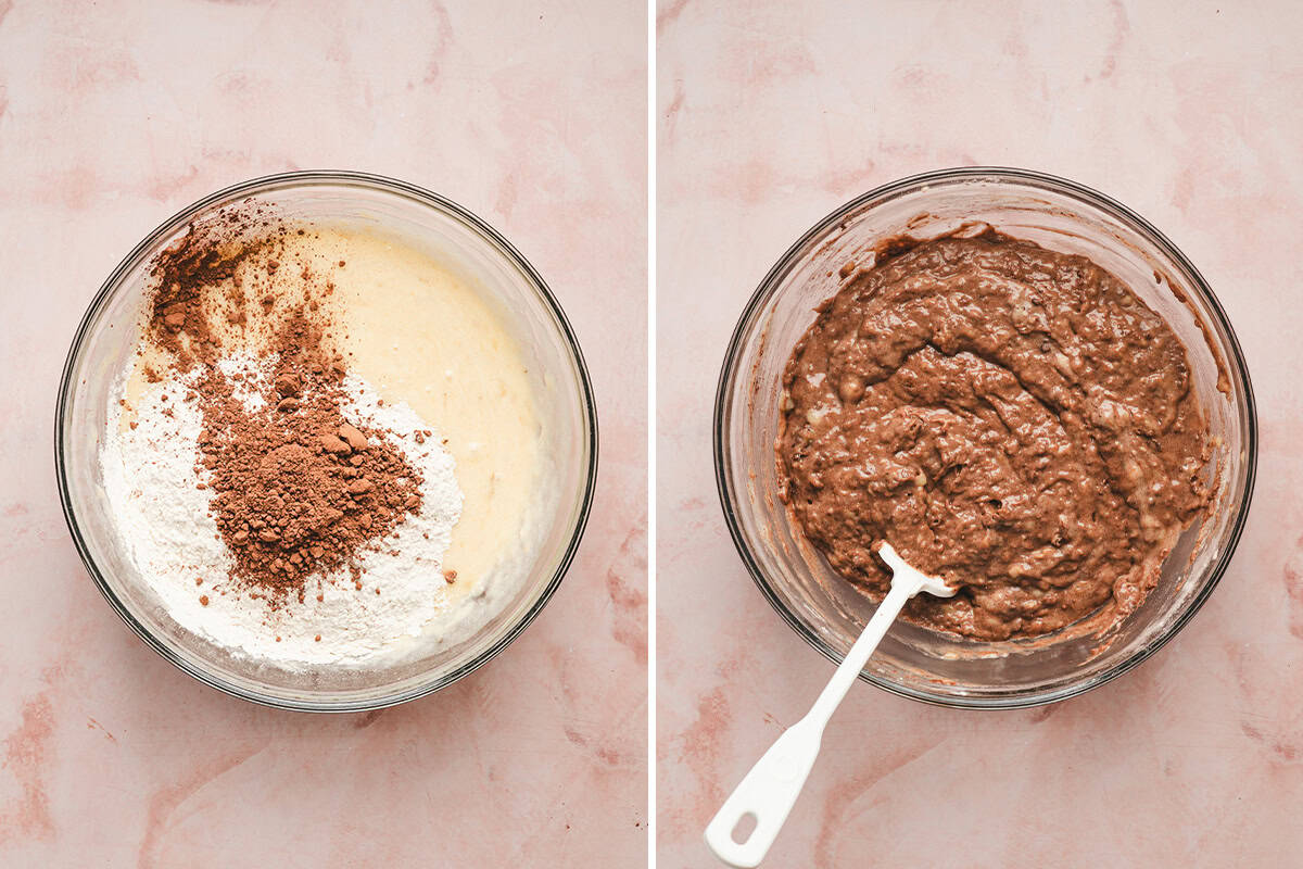 dry ingredients mixed with wet ingredients for chocolate banana bread batter