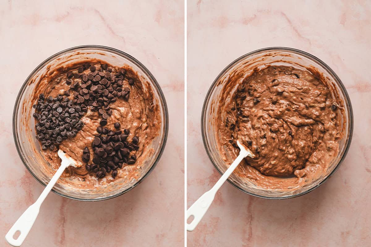 semi-sweet, dark, and milk chocolate chips added to banana bread batter