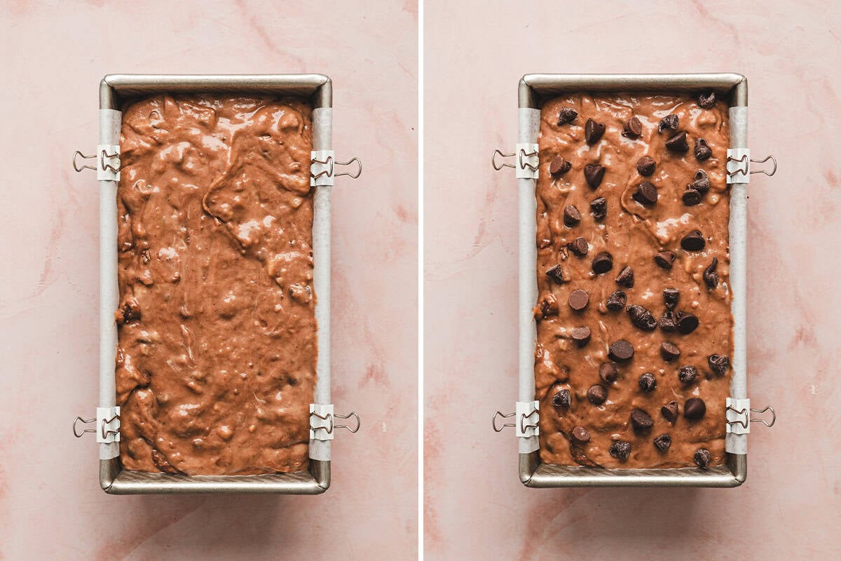 batter for chocolate banana bread in loaf pan