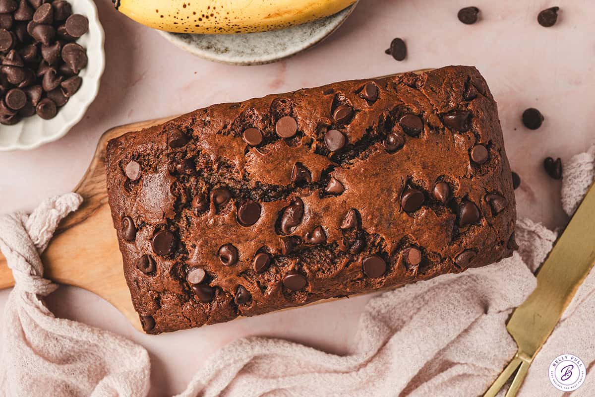baked loaf of Triple Chocolate Banana Bread