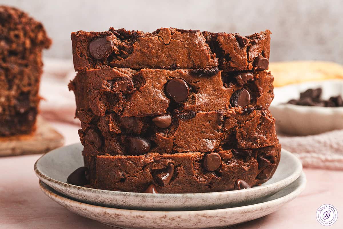 stacked slices of baked loaf of Triple Chocolate Banana Bread on plate