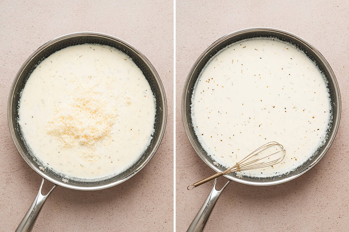 grated parmesan being added to alfredo sauce in sauce pan