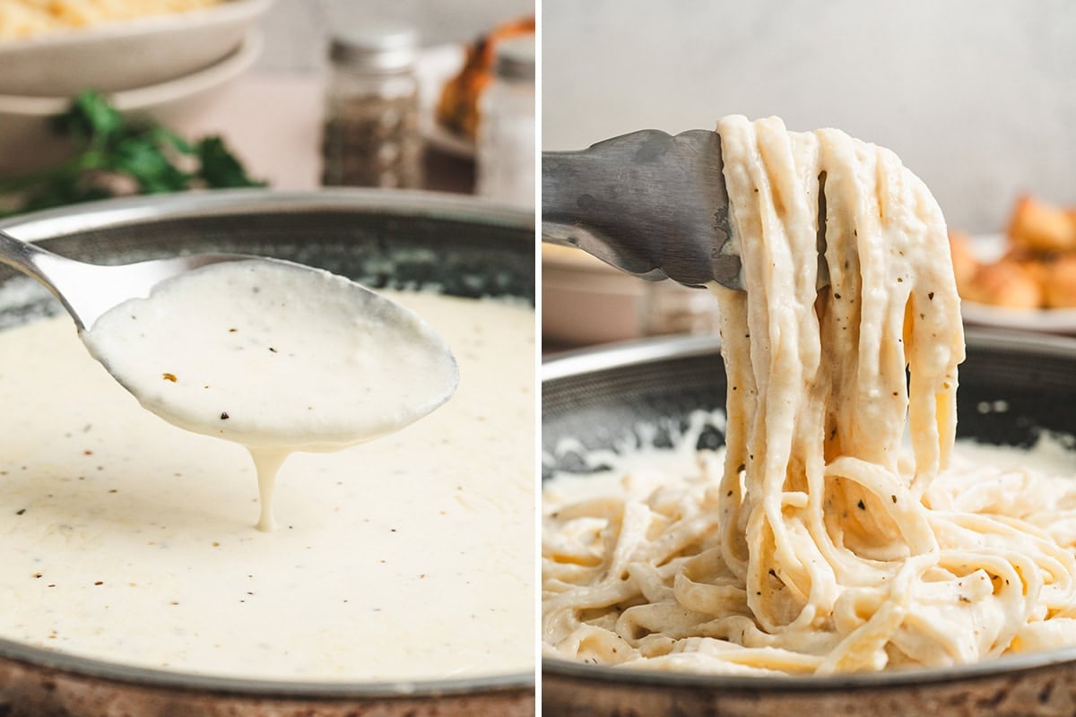 noodles coated in alfredo sauce, hanging from tongs