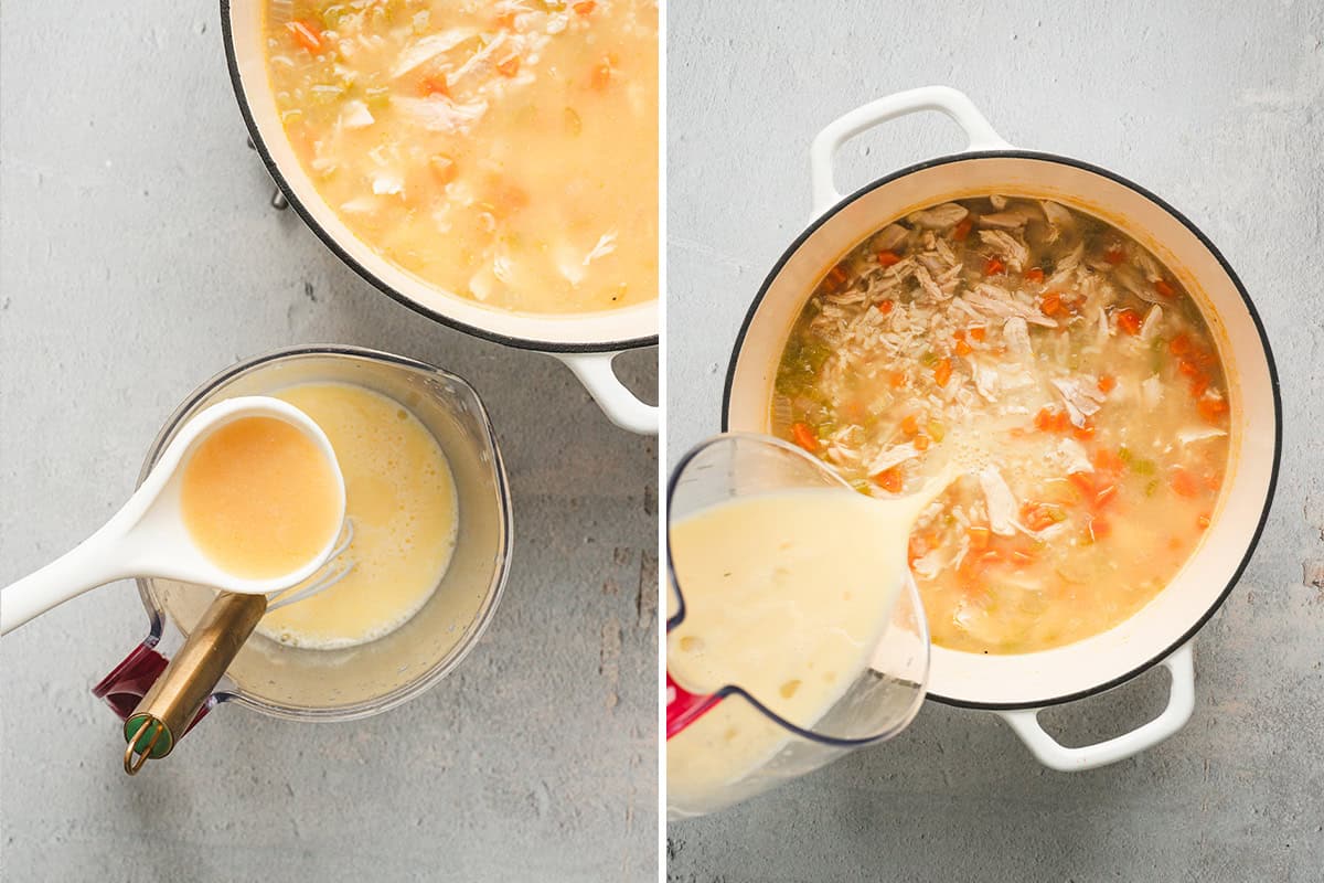 Eggs and fresh lemon juice whisked together until pale and frothy for avgolemono soup. Next to, hot broth ladled into the egg and lemon mixture to temper before adding to the soup.