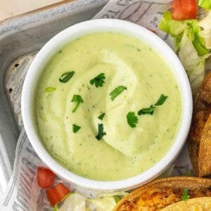 overhead dish of Creamy Avocado Lime Sauce