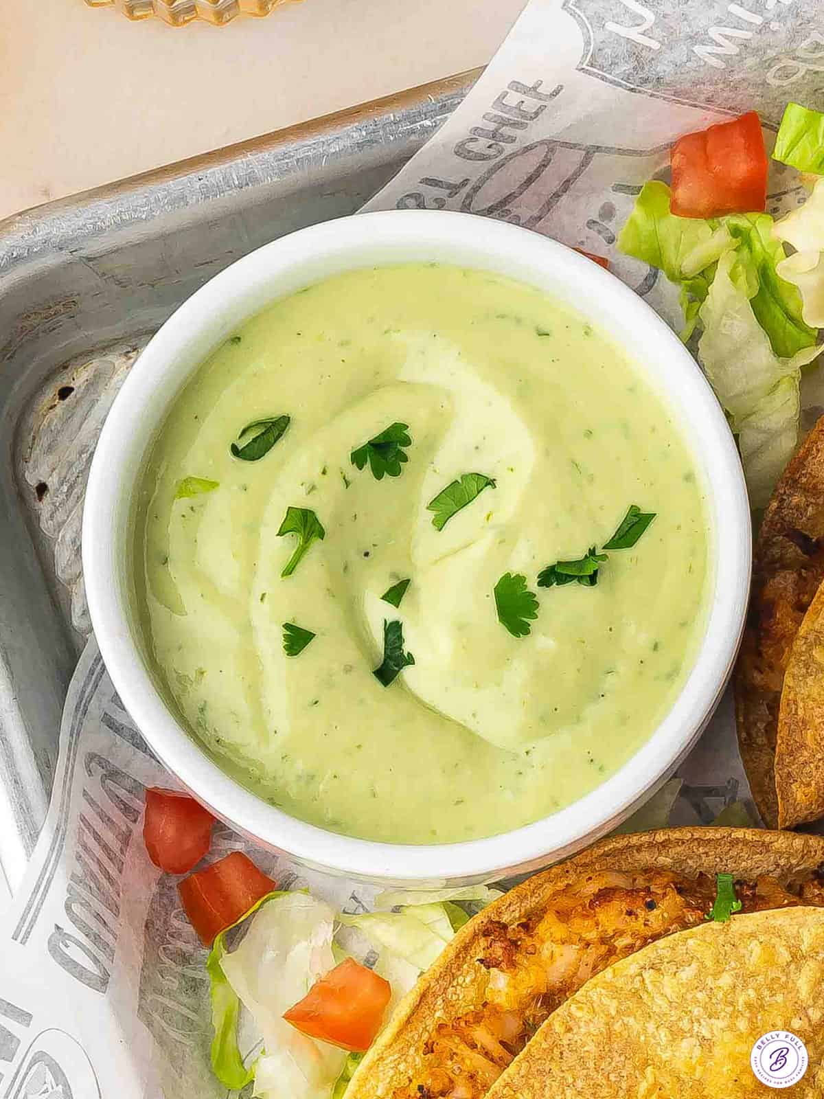 overhead dish of Creamy Avocado Lime Sauce