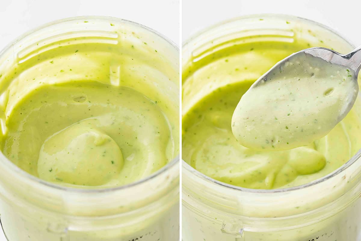 blended Creamy Avocado Lime Sauce on spoon