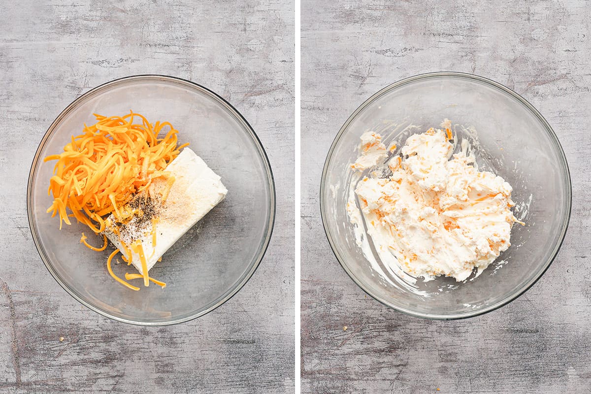 cream cheese cheddar filling for jalapeno poppers mixed in bowl