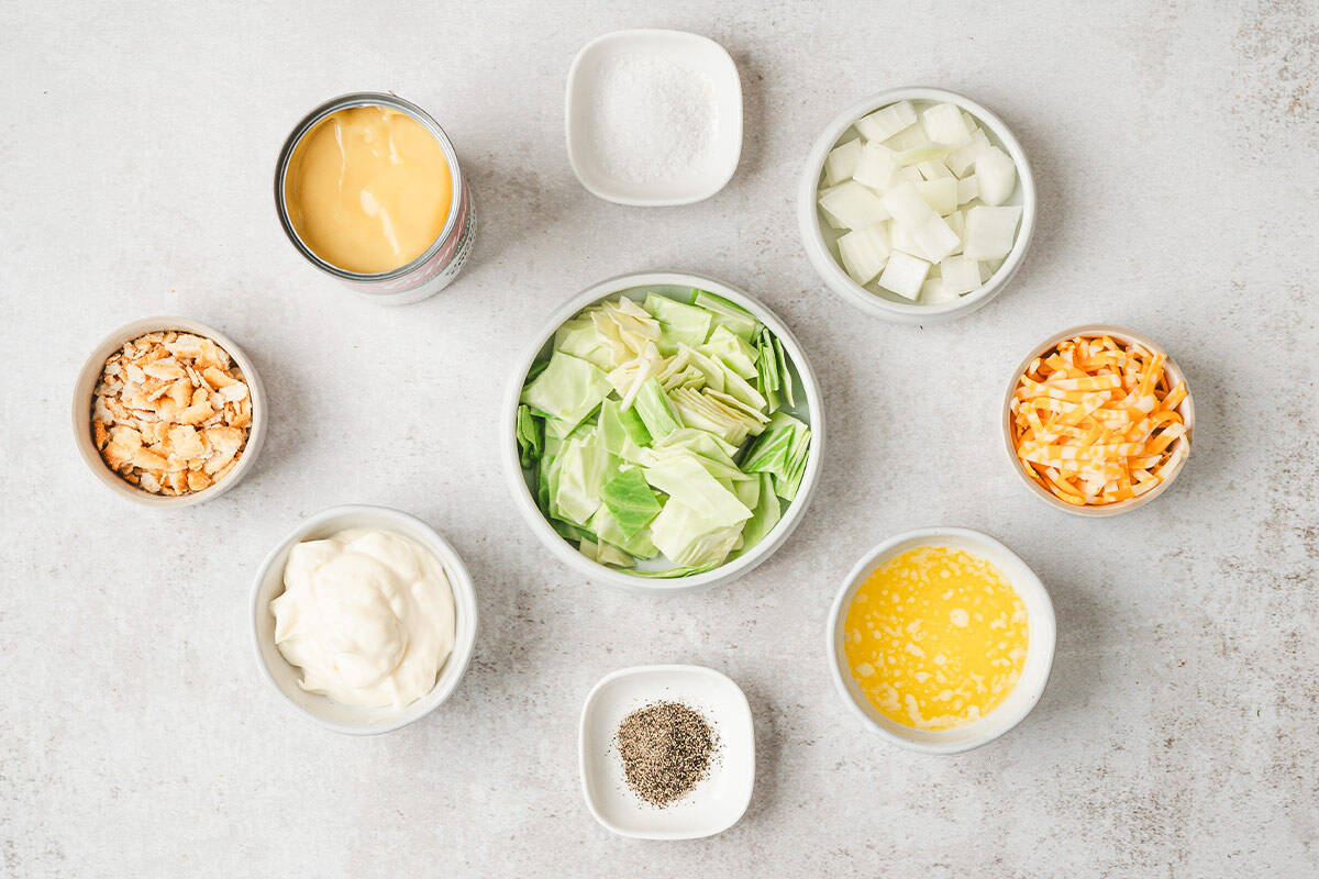 The ingredients to make cabbage casserole.