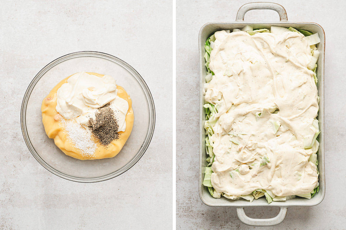 A photo collage of cream of chicken soup, mayonnaise, salt, and pepper in a bowl and then the cream soup mixture poured over onions and cabbage in a casserole dish.