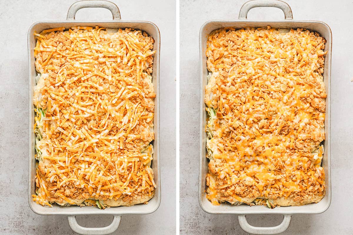 Homemade cabbage casserole before and after baking.