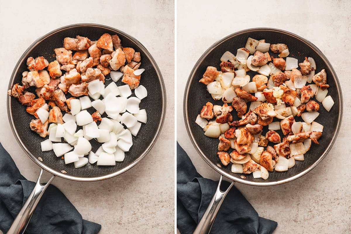 browned chicken pieces and onion in pan