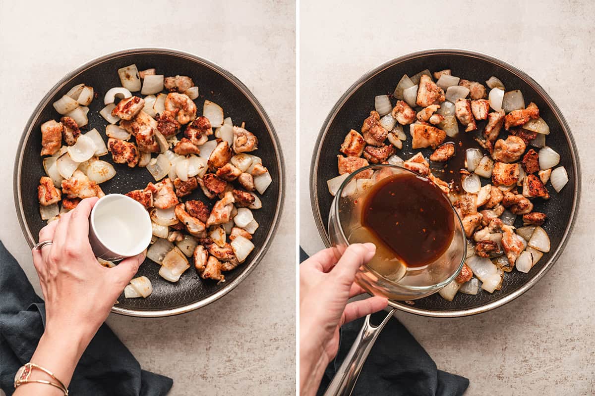 sauce being poured over stir fry chicken and onions in pan